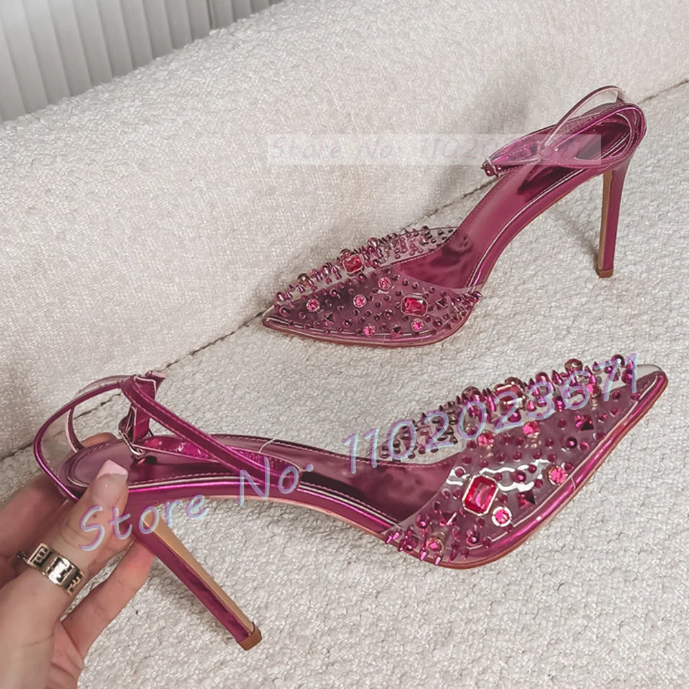 Studded Skinny Heels Pvc Sandals Women Summer Luxury Colorful Gems Clear Shoes Female Sweet Pointy Ankle Strap Banquet Sandals