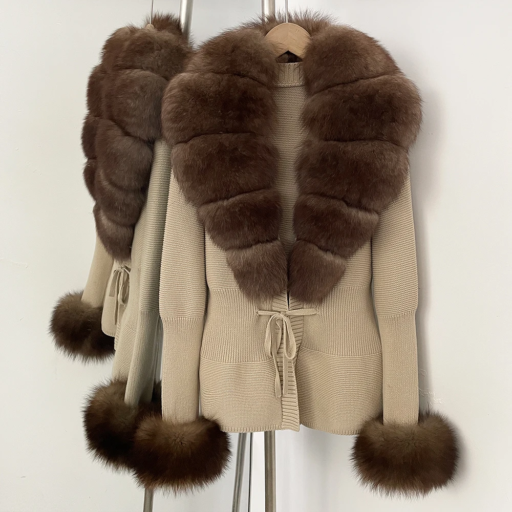 

Reality Fur Coat Lace Sweater Lady Real Fur Detachable Patchwork Knitted Fur Coat Cardigan for Women Parka with Natural Fur