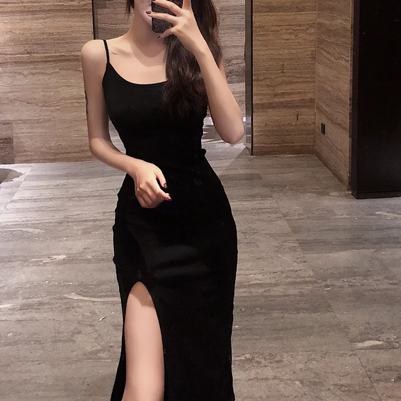 

Summer Slip Dress Women 2022 New Hong Kong Chic Versatile Retro Front Split Open Back Suspender Dress Women's Fashion