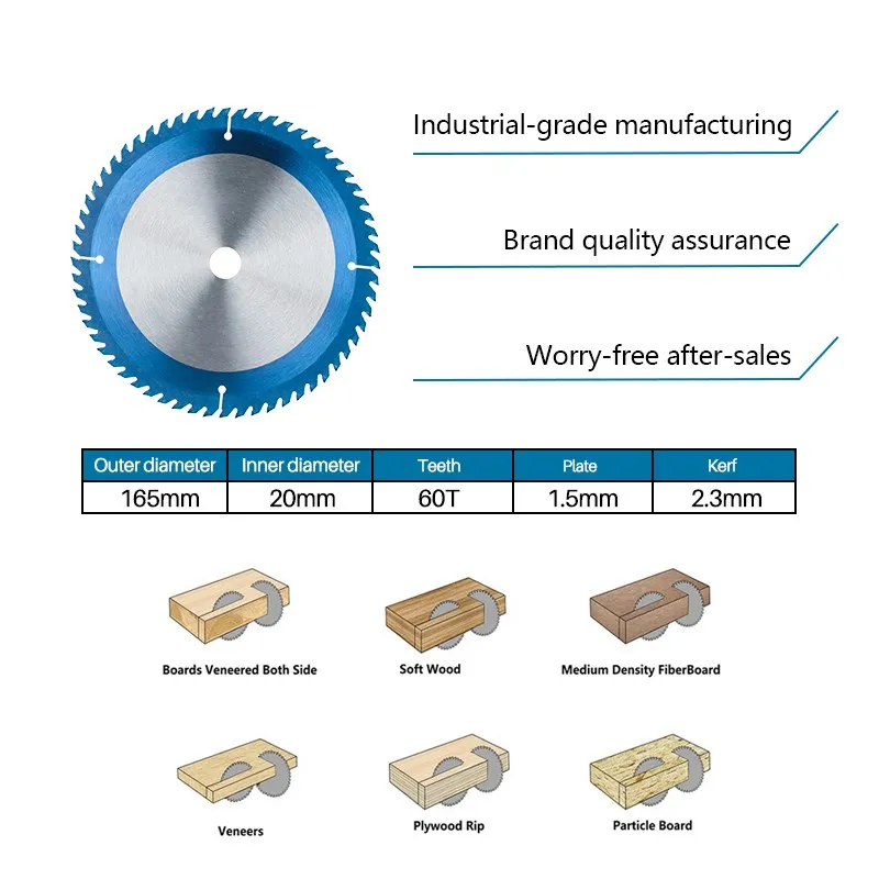 CMCP-Lame de Scie Circulaire TCT à 60 Dents de 165mm, Revêtement Bleu, Pointe en Carbure, Disque de Coupe pour Bois