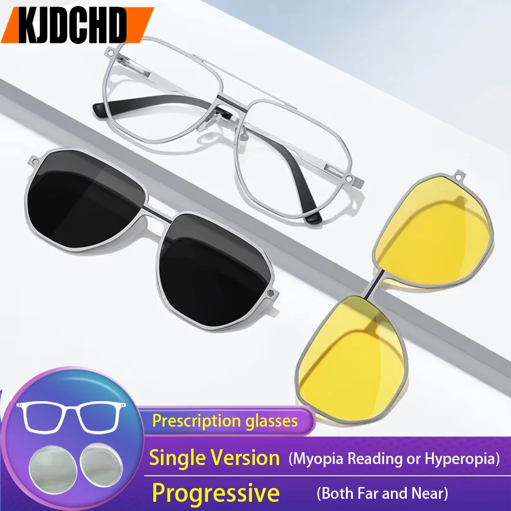 KJDCHD Aluminum Magnesium Customized Prescription Glasses 3-in-1 Polarized Magnetic Suction Cover Sunglasses Men