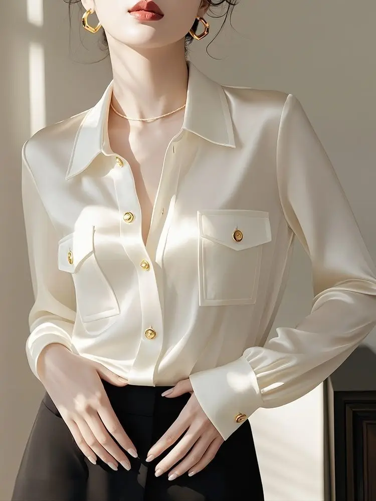 French Polo Collar Solid Color Long Sleeve Shirts Women Spring Autumn Chic High-End Blouse Lady Casual Shirt Ladies Blouses
