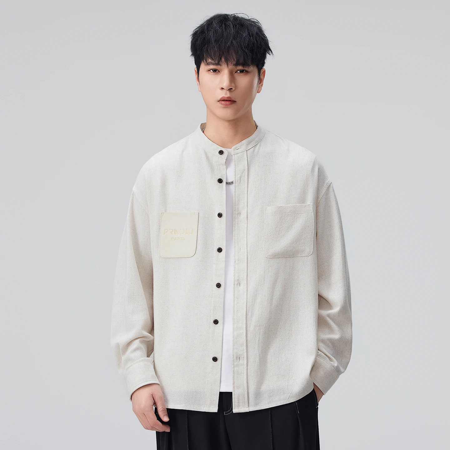 Stand Collar Line Shirt Men Fashion Vintage Streetwear Loose Casual Long Sleeve Plus Size Shirts Male Blouses Tops