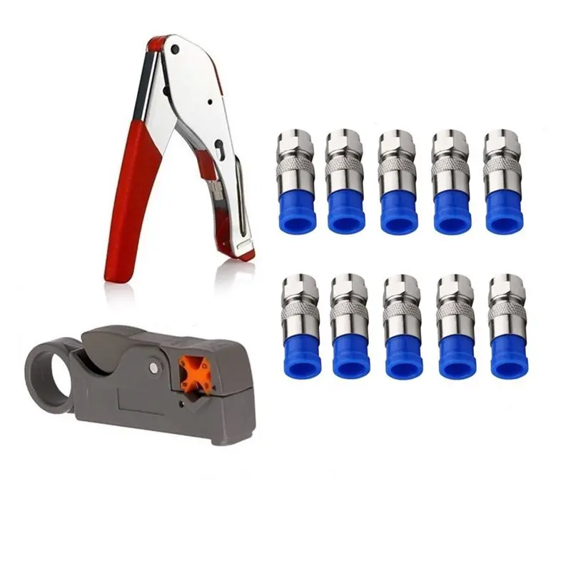 VEHO-Coax Cable Crimper Tool Kit Rg6 Rg59 Coaxial Compression Tool Wire Stripper, 10Pcs RG6 F Connectors