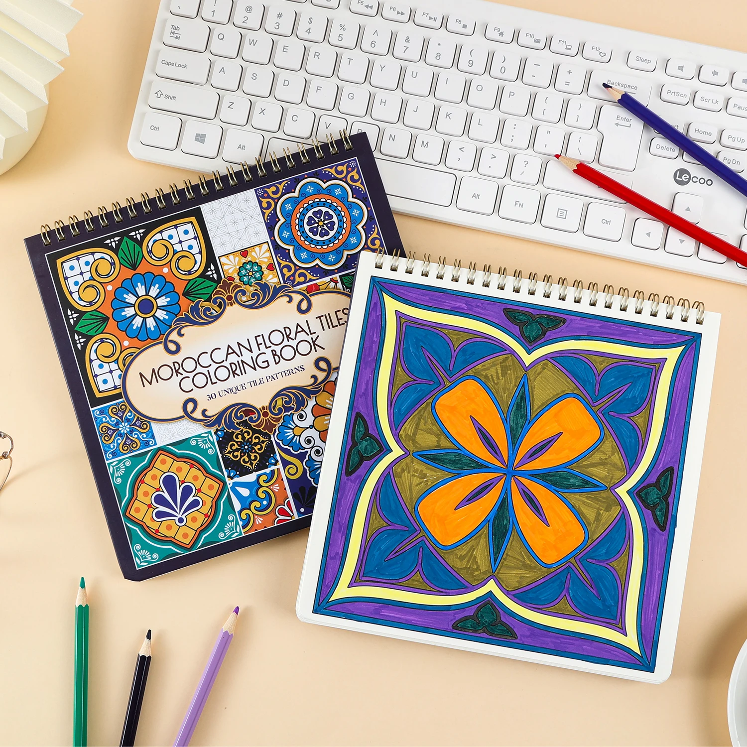 30 Vintage Floral Tile Patterns Coloring Book, Spiral Bound Unique Tile Design, Stress-Relieving Relaxation Art Gift for Adults