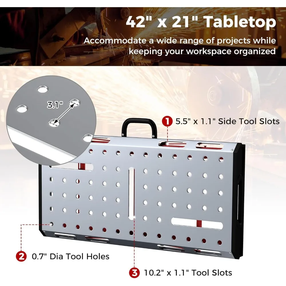 منضدة لحام قابلة للطي بارتفاع قابل للتعديل 42 × 21، سعة 1000 رطل، مشبكين، 8 فتحات أدوات، محمولة للاستخدام عالي التحمل #2