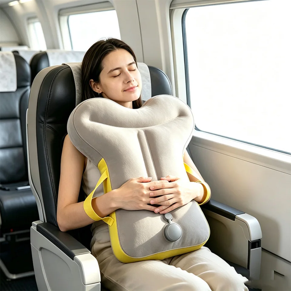 Portable Press Inflatable Travel Pillow, Vertical Support Back Cushion, Neck Rest Pillow For Airplane Car Office Nap