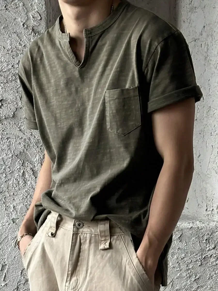 

Mens V-Neck Textured Cotton T-Shirt Green Casual Summer