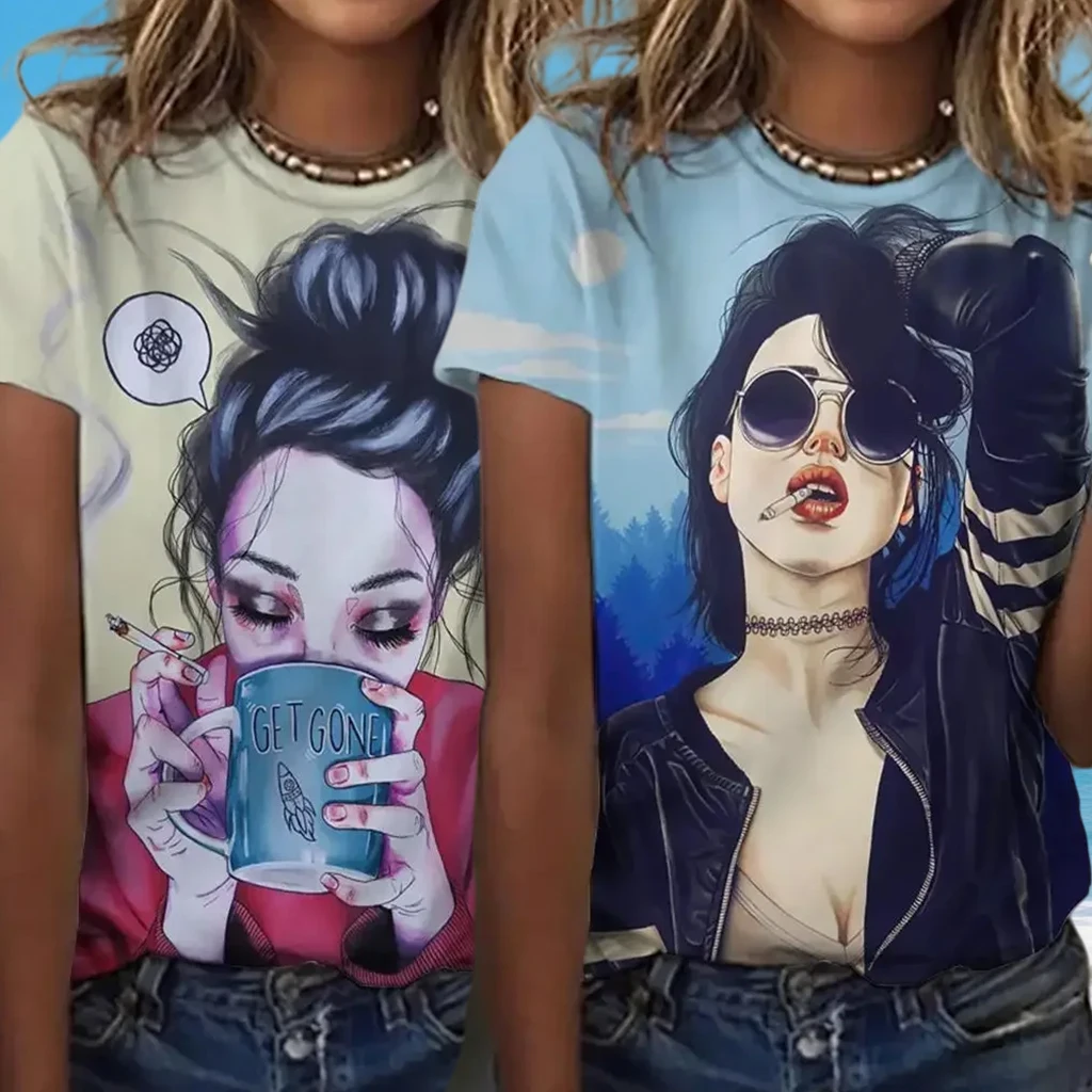 جديد المرأة شخصية كرتونية تي شيرت مطبوع Harajuku ريترو قصيرة الأكمام تي شيرت متعة الجولة الرقبة حجم كبير الملابس النسائية