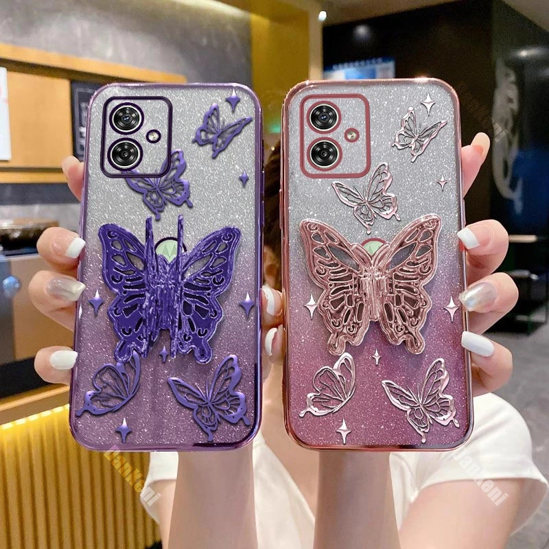 G54 Shiny Butterfly Plating Phone Holder Case For Motorola Moto G54 G53 G52 G50 G32 G10 G13 G24 G30 G20 G14 G72 G42 G82 Cover