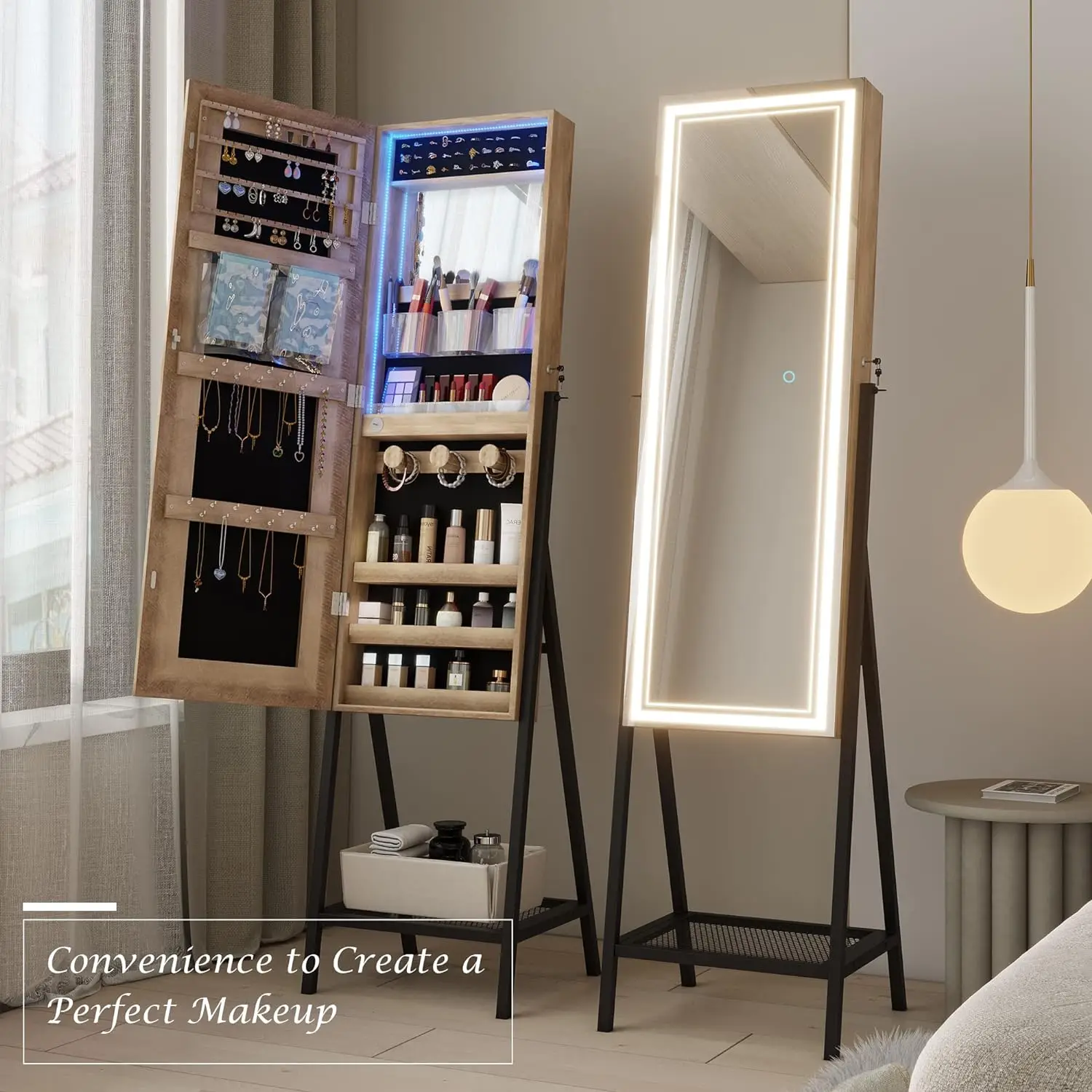 

Vlsrka Mirror Jewelry Cabinet Standing with LED, Jewelry Mirror Full Length with Built-in Makeup Mirror & Lights