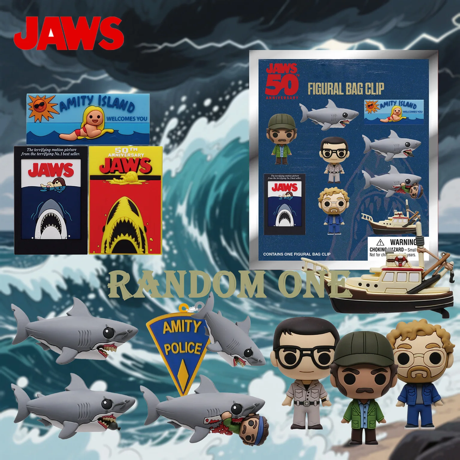 1 unidad JAWS Figura 3D de PVC con licencia oficial, tipo bolsa sorpresa, colgante para bolso, llavero de figura de anime, para coleccionistas de anime, Kering, un diseño aleatorio