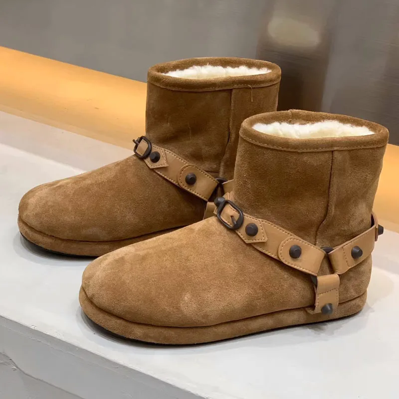 High quality new genuine leather short boot fashionable round toe shoes women's casual flat shoes wool warm shoes