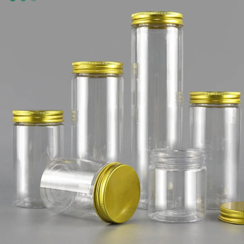 5Pcs100ml-420ml アルミ蓋付き透明プラスチック瓶再利用可能な容器ストレートシリンダージャードライカーゴナッツキャンディジャム用