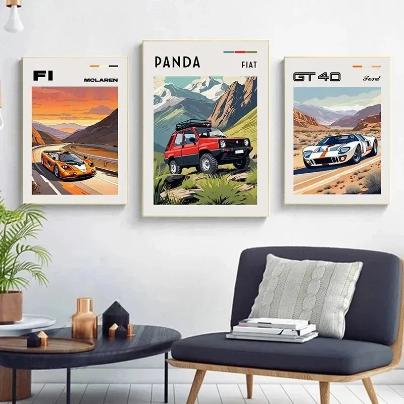 Classic GT40 Cars Bmw E30 and Ford Car Cartoon Retro Poster Canvas Paintings Wall Art Pictures Home Decor view 3