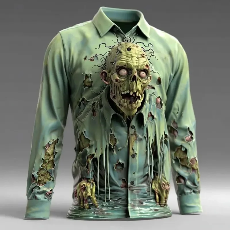 Men Turn‑Down Collar Long Sleeve Button‑Up Shirt Zombie Horror 3D Print Halloween Party Casual Street Top