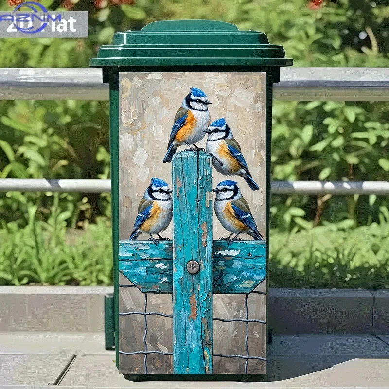 1pc of Trash Can Sticker with a Theme Design Featuring a Sparrow on a Blue Railing. Self-Adhesive Wall Decoration Wallpaper fo