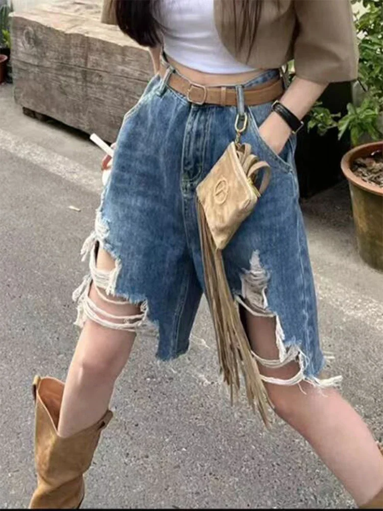 Women\'s Blue Knee Length Ripped Shorts 2024 Summer Vintage Oversize High Waist A-line Shorts Y2k Baggy Harajuku Korean Clothes