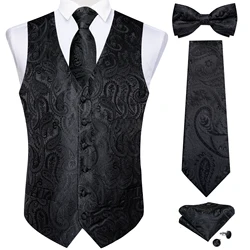 Conjunto de colete e gravata Paisley preto masculino, gravata borboleta, bolso, quadrado, vestido de abotoaduras, colete clássico para homem, 5 peças