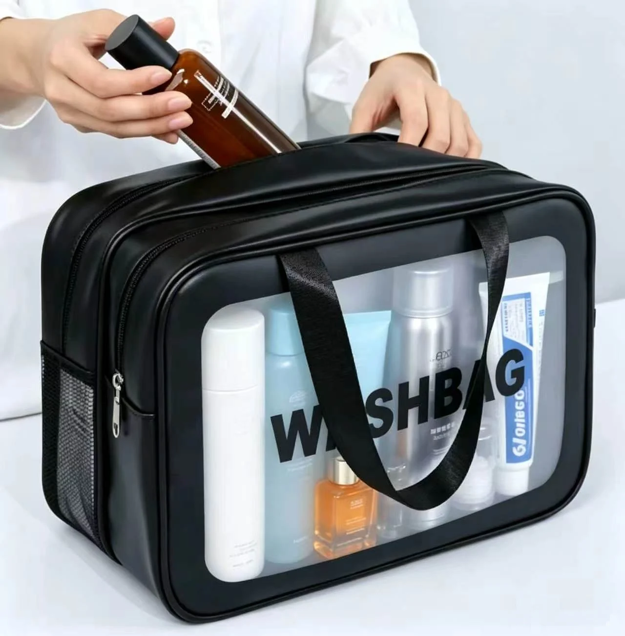 Dry-Wet Separation Dual Transparent PU Makeup Bag Portable Washing Bag Cosmetic Storage Bag Travel Fitness Swimming Essentials