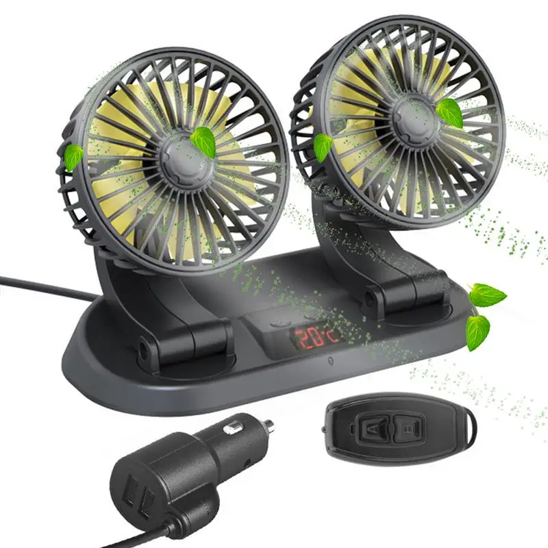 12/24V Portable Fan For Car Adjustable 3 Speeds Dual Head Fans With Remote Control 3 Wind Speeds Low Noise Portable Automobile