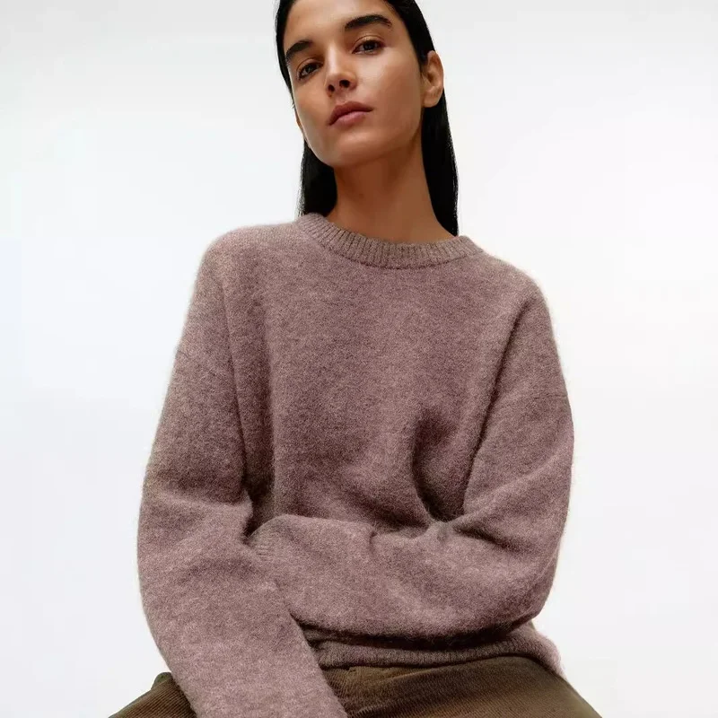 Loose Thick Cashmere round Neck Knitted Sweater 2025 Women's Fashion Autumn Season Bright Thread Detailing Knitwear