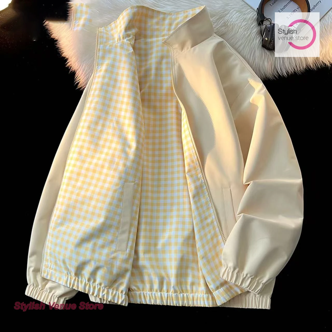 American style fashion retro two-sided plaid jacket jacket women's spring and autumn new casual lapel wide coat loose Joker.