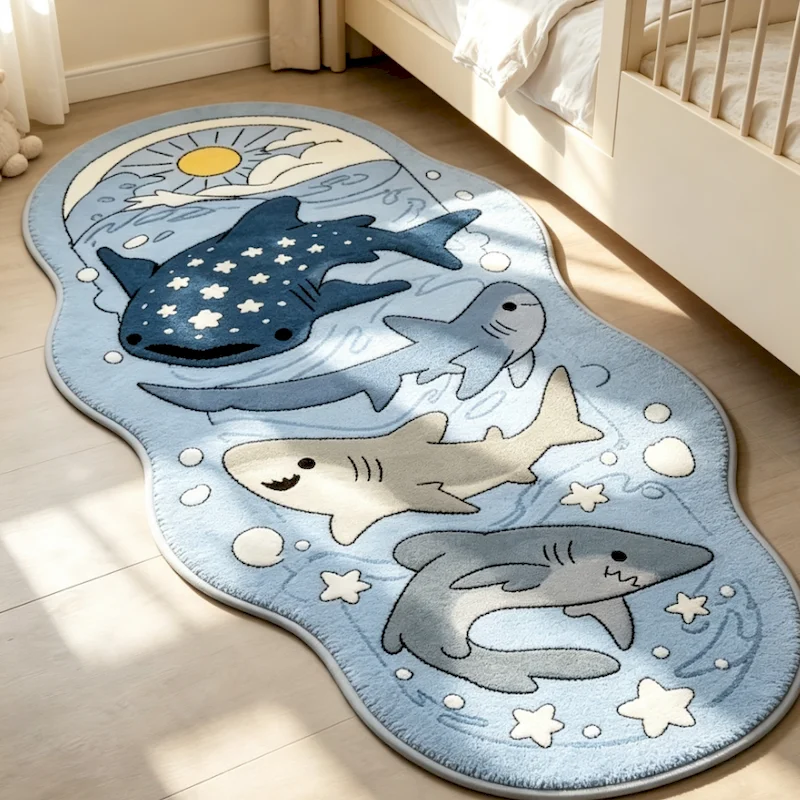 VIKAMA Cartoon Shark Irregular Long Carpet Soft Anti Slip Absorbent Carpet Marine Animal Floor Mat Indoor Home Decoration