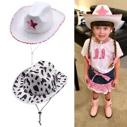 Unisex Adjustable Neck Draw String Play Dress-Up Pink Star White Cowgirl Hat Cow Girl Hat Cowboy Hat