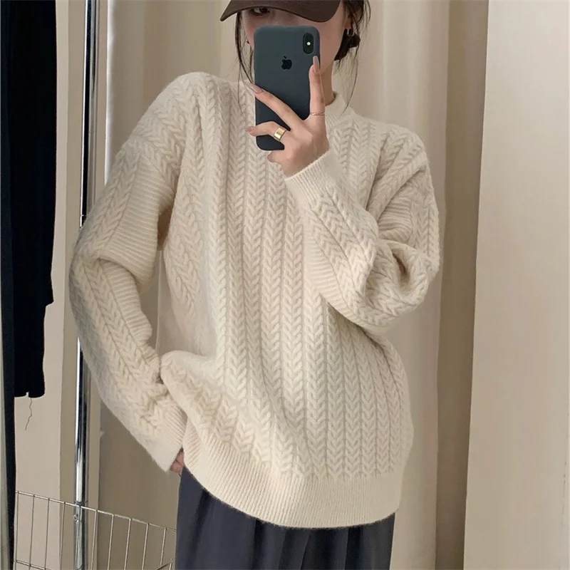 

Casual Retro Twists Pullover Sweater Women's Autumn And Winter Lazy Wind Loose Soft Rund Neck Knitted Top Thick Jumper Z2405