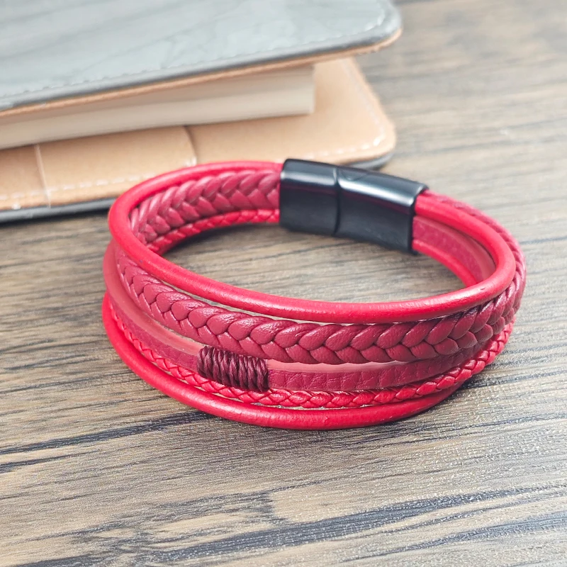 High Quality 4  Color Men Stainless Steel Magnetic Clasp Bracelet Red Multi-layer Braided Leather Wristband Fashion Punk Jewelry