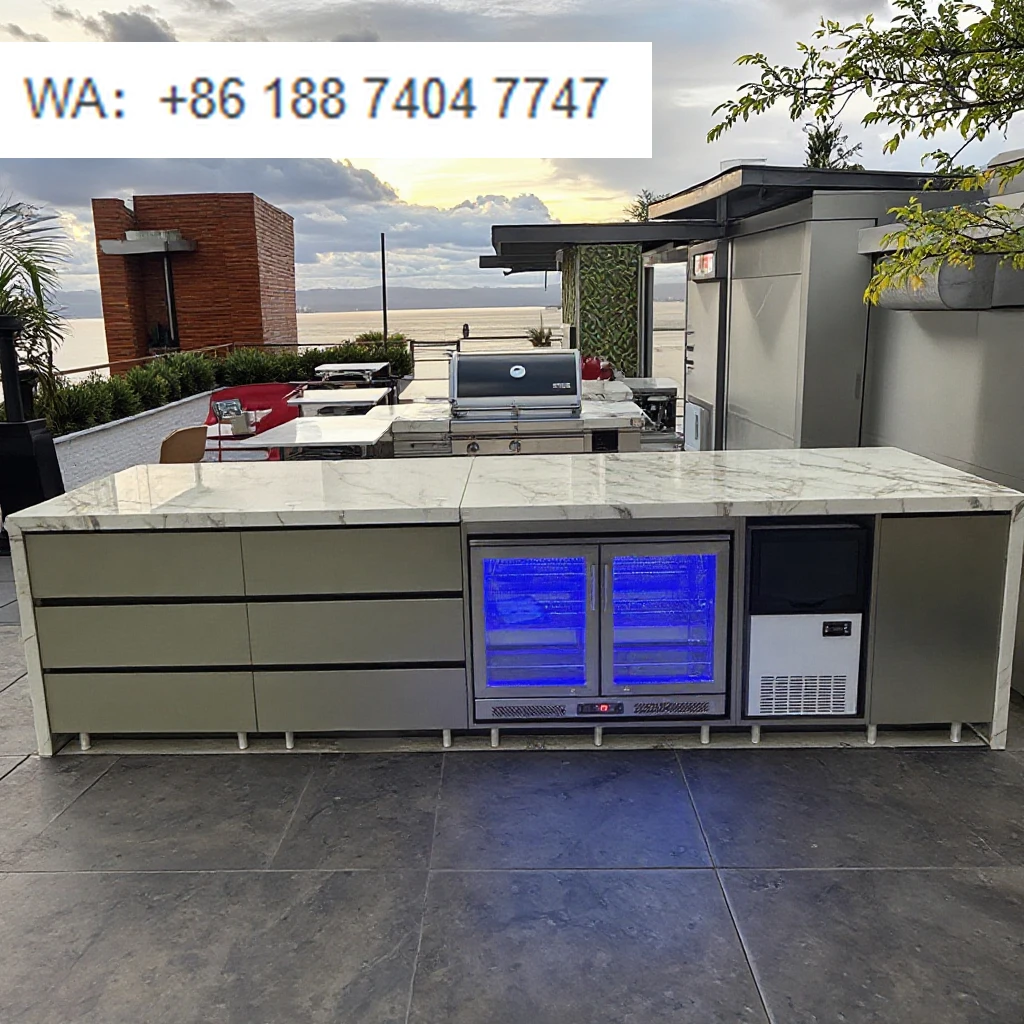 

Modern Stainless Steel & Honeycomb SS Frame Outdoor Bar Cabinet with Sleek Design and Fridge Ice Machine