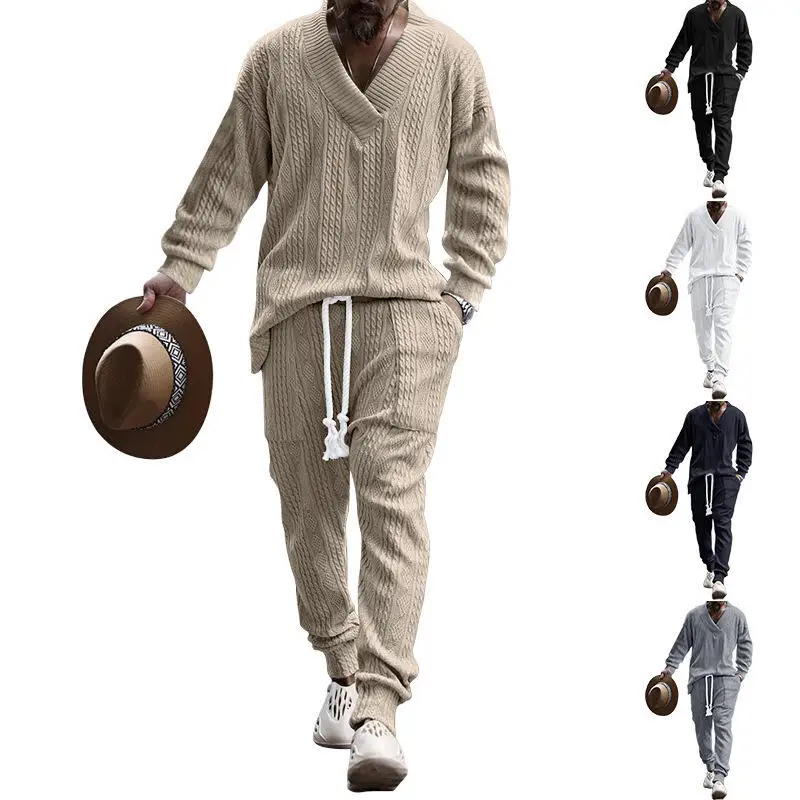 

Men's Casual Long Pants V-Neck Knitted Sweater Autumn Set Independent Station Cross-Border New Style Floral Pattern Knitwear