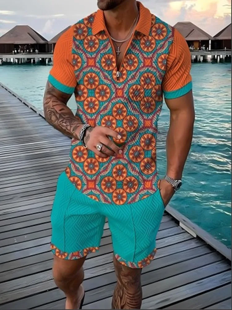 Fashion summer men\'s flower shirt casual holiday short-sleeved Polo shirt set 3D printed clothing 2 pieces