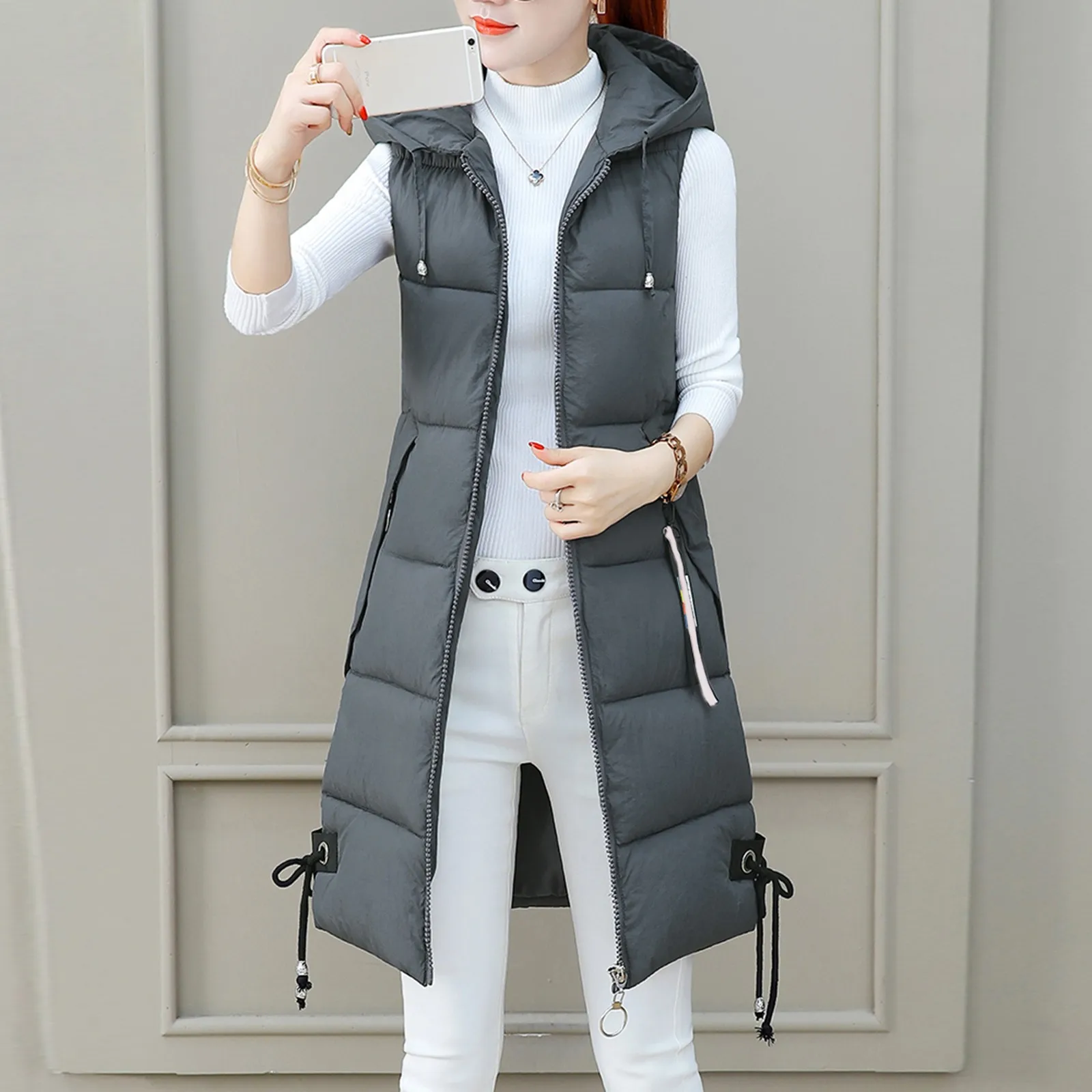 Outerwear Sleeveless Jacket Long Coat Vests Woman Winter Coats Women Solid Hooded Vest Zipper Pocket Loose Womens Vests