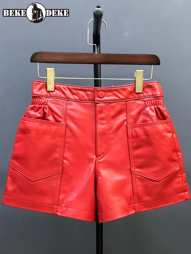 Concise Solid Color Regular Fit Genuine Leather A-Line Shorts Comfortable Sheepskin Pockets Button Female Short Trousers 4XL