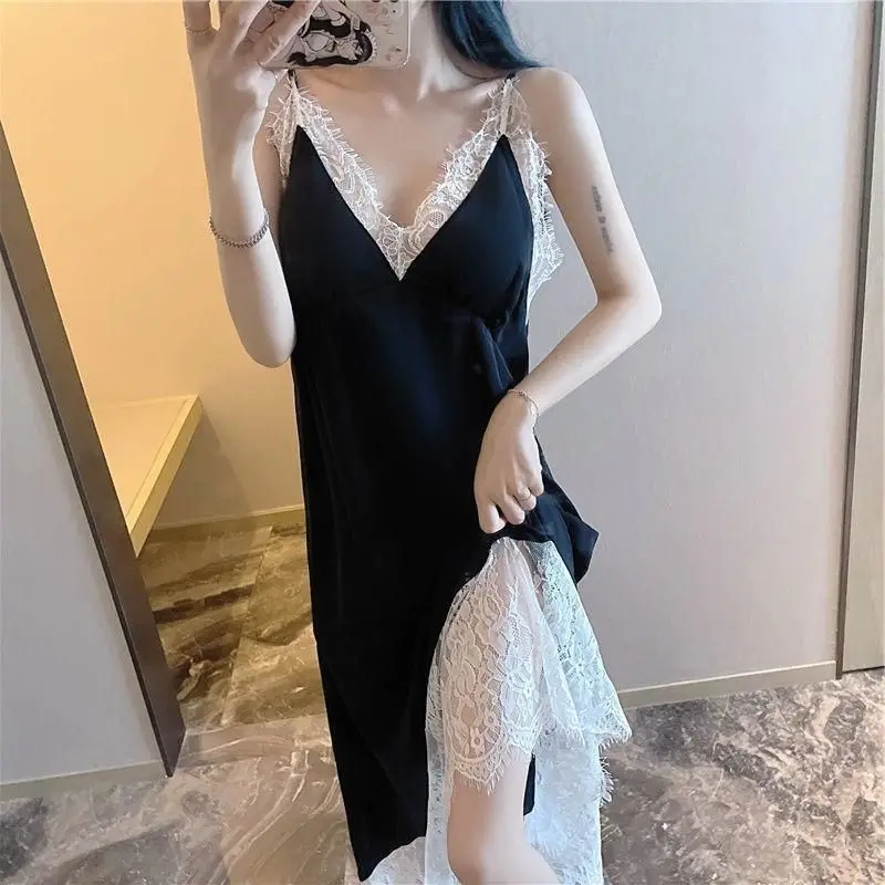

Women's Sleep Y2K Underwear Summer New Sexy Household Clothe Large Size Nightgowns Lady Can Be Worn Externally V-neck Lace Dress