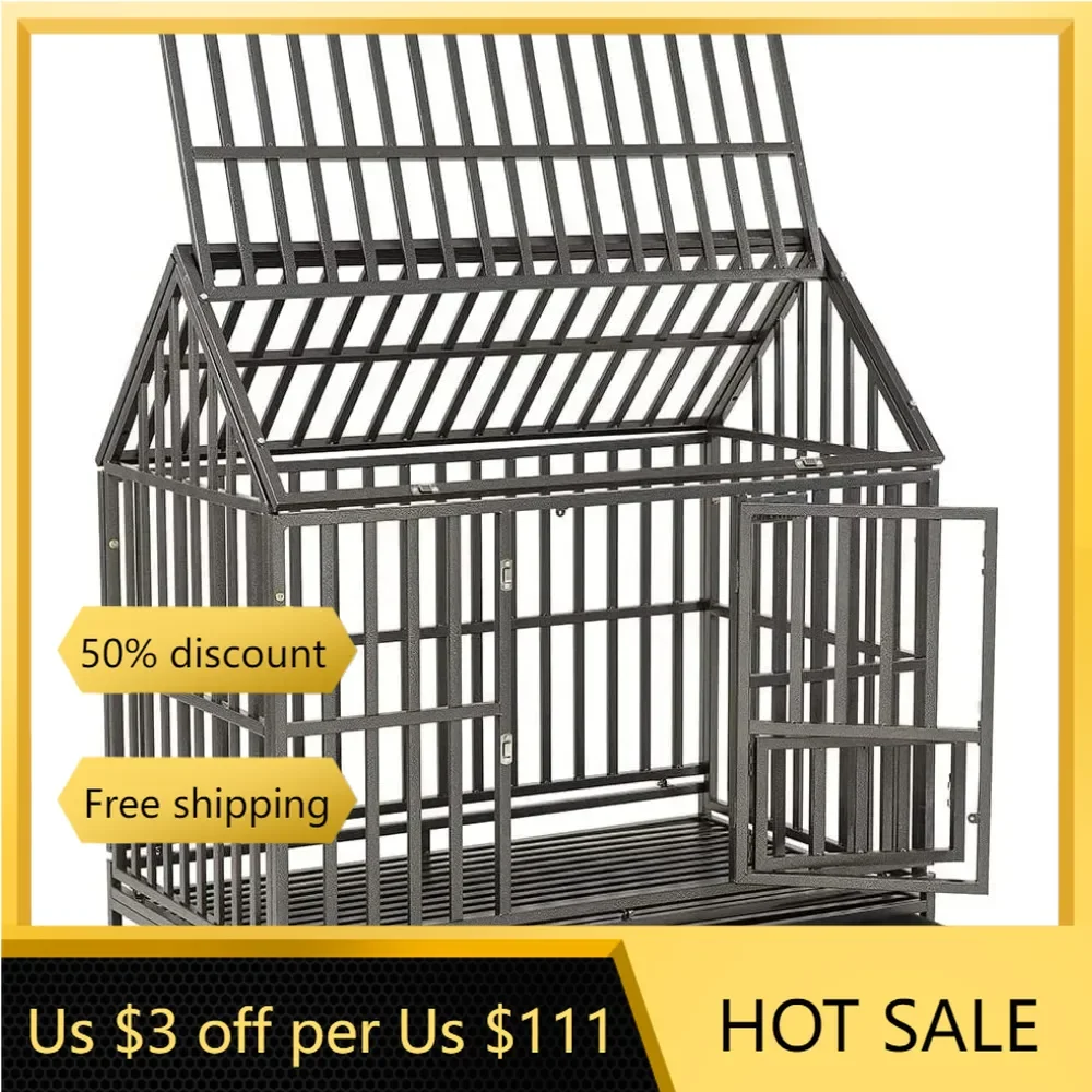 

48" Heavy Duty Dog Crate Strong Metal Cage House Shape Pet Kennel Crate Playpen with 4 Locking Wheels