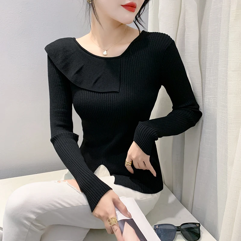 

Women's Slim Fit V-Ne Knitwear Svel Base irt Street Sle Splice Long Sve Cotton Wool Blend Regular Fit Base irt