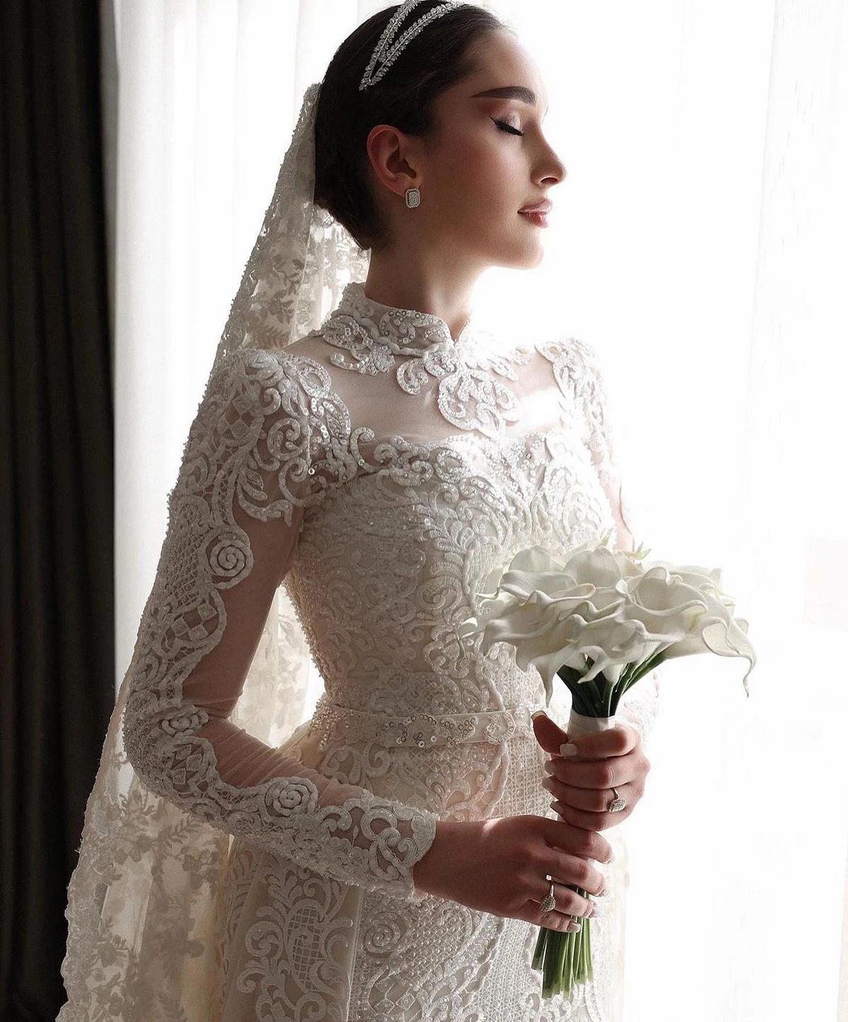 Vestidos de novia de sirena Mangas largas Cuello alto Nuevos vestidos Apliques Volantes Cuentas Vestidos de novia Vestina De Novia Tamaño personalizado