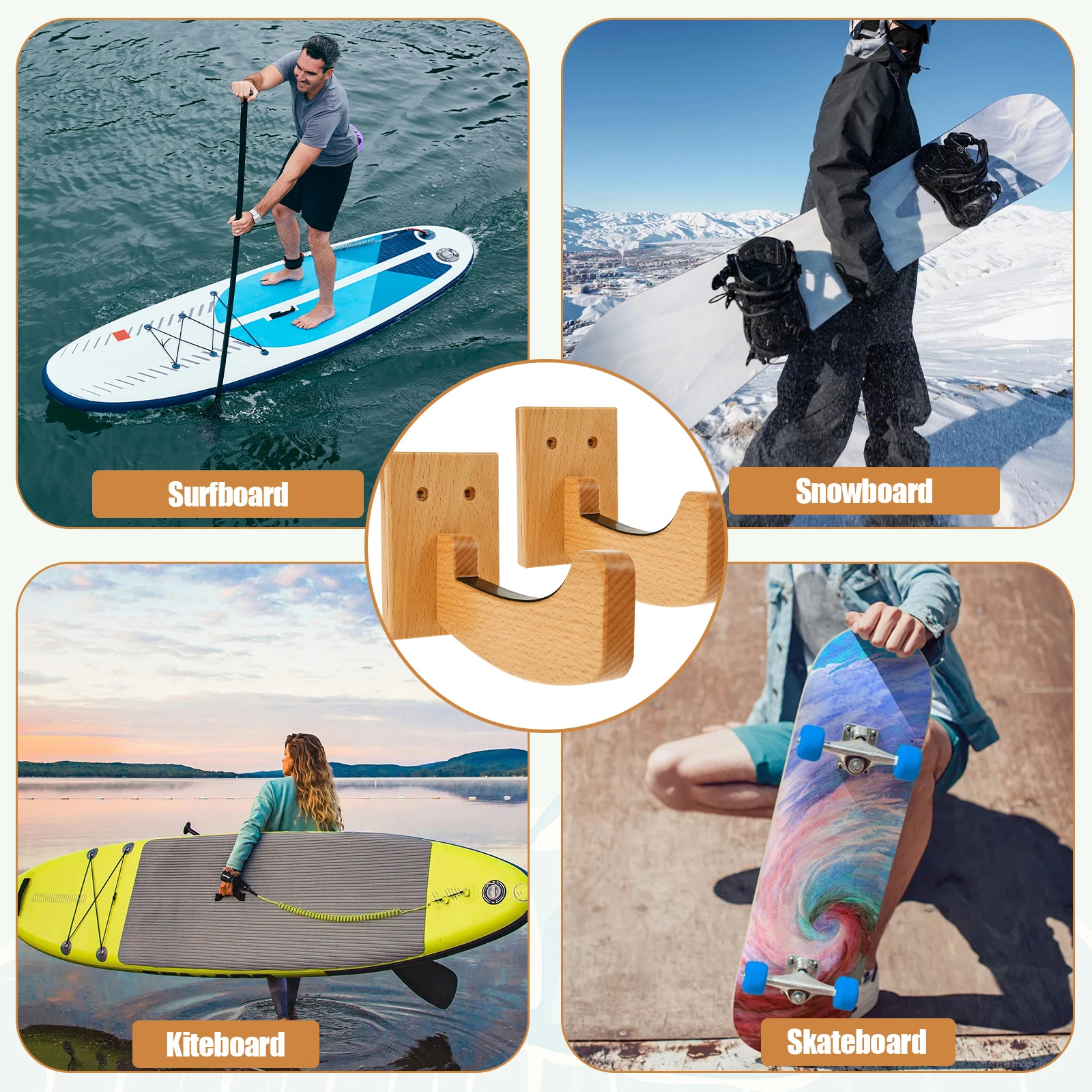 رف حائط من الخشب لركوب الأمواج يُعلق على الحائط حامل عرض لوح التزلج للألواح الطويلة والألواح القصيرة وألواح التزلج على الجليد والتزلج #5