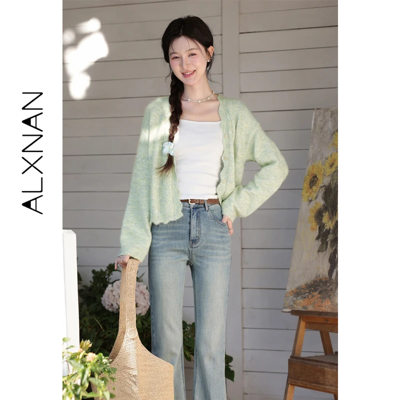 

ALXNAN Bean Green Knit Cardigan V-neck Lace Hollow Out Design Flower Button Sweater 2026 Spring Casual Long Sleeve Tops L61707