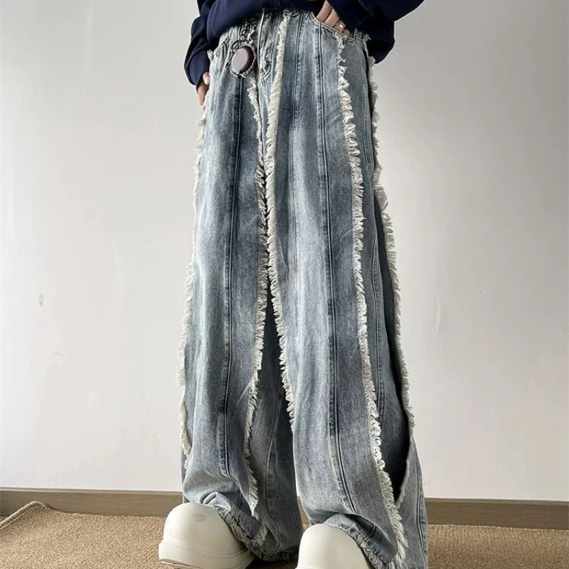 

Tassel Rough-edged Jeans Men's and Women's Splicing Street Niche Drape Floor-mopping Wide-leg Trousers
