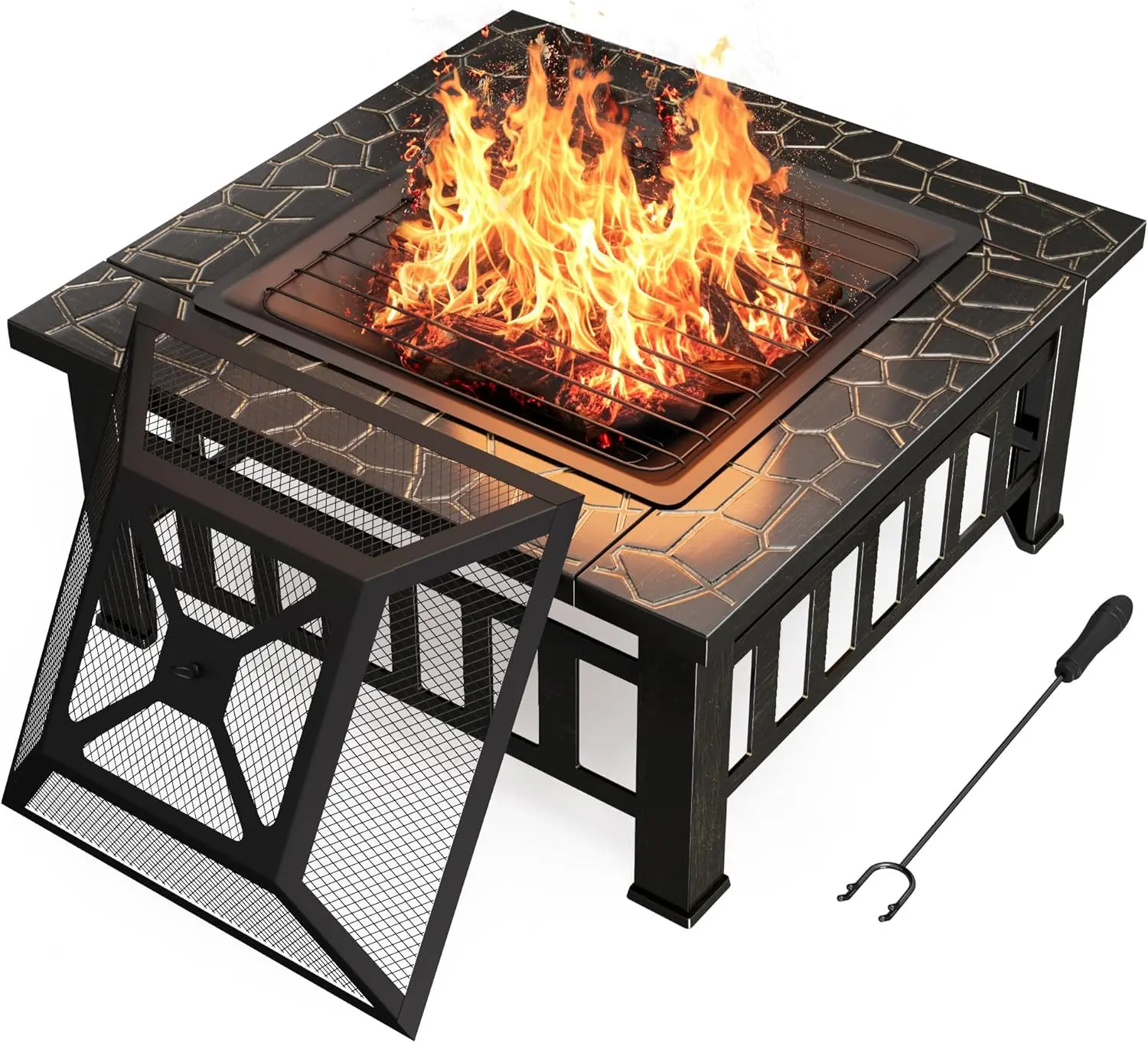 

Outdoor Fire Pit, 32 Inch Firepit Table Metal Outdoor Fireplaces with Waterproof Cover for Outside Patio Camping (Bronze)