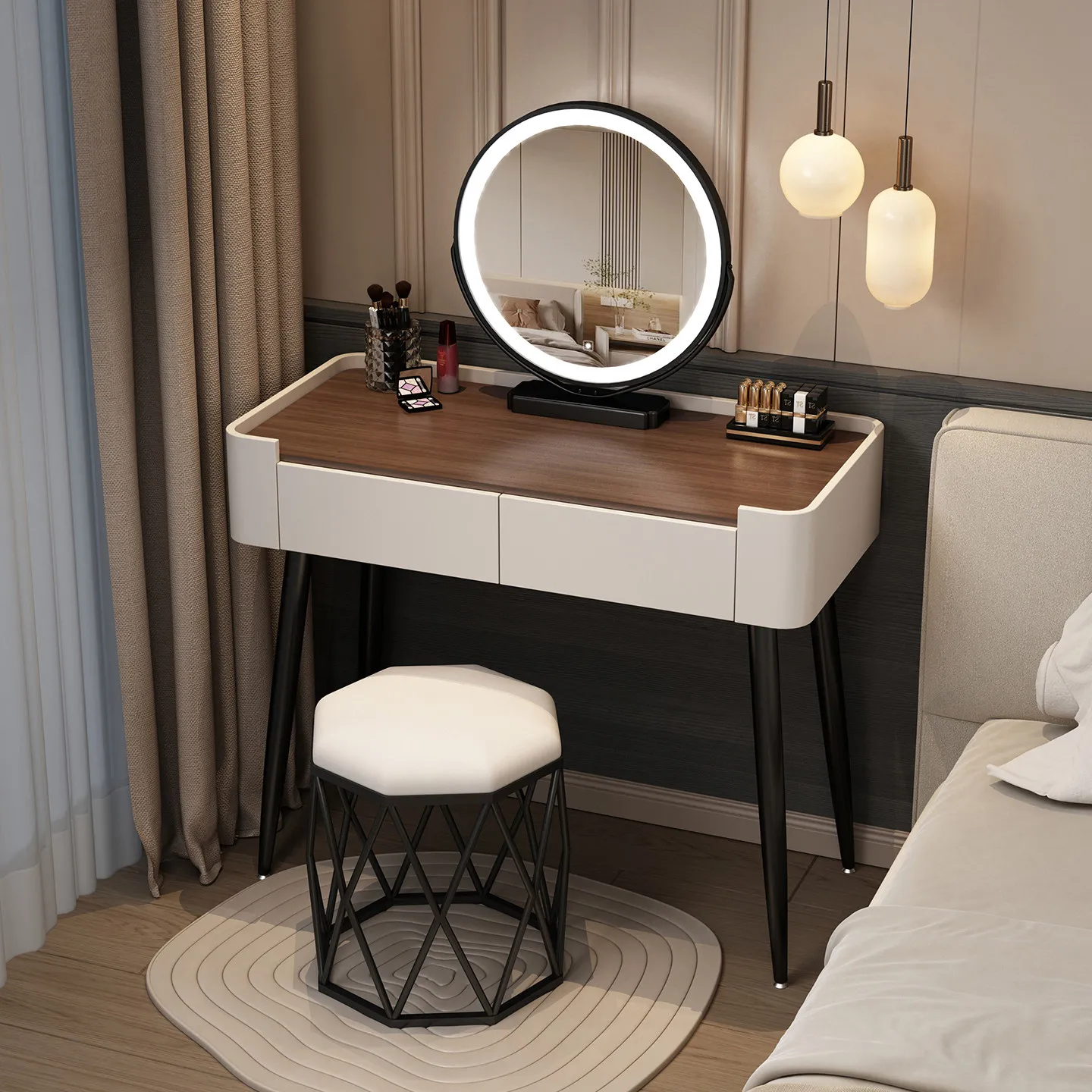 #Nordic Simple Led Touch Mirror Bedroom Bedside Vanity Desk High Quality Wooden Drawer Makeup Vanity Desk
