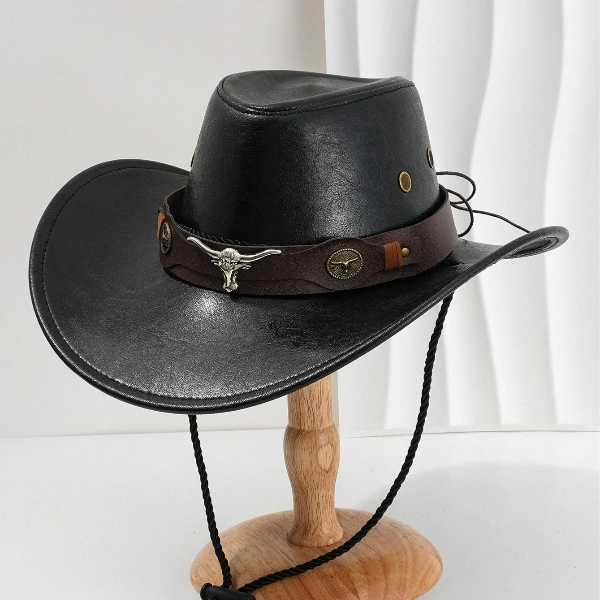 1-5X Western Cowboy Hat Faux Leather Vintage Bullhead Buckle Adjustable Chin Strap Wide Brim Sun Protection Unisex Black Coffee