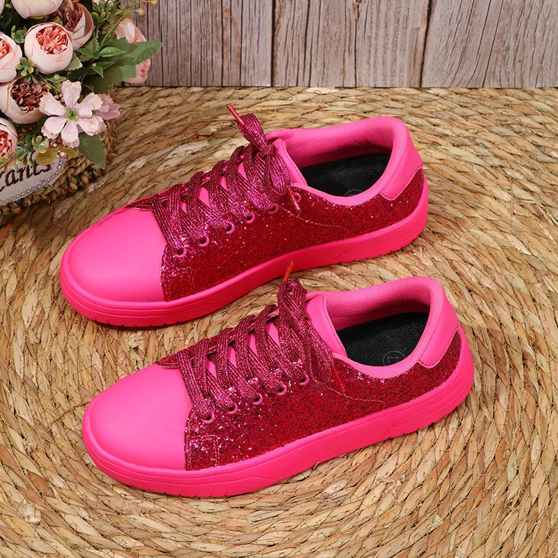 Scarpe da ginnastica con paillettes da donna Moda con lacci Punta tonda Fondo spesso Comfort Flats Primavera Autunno Tendenza Casual Scarpe stringate basse