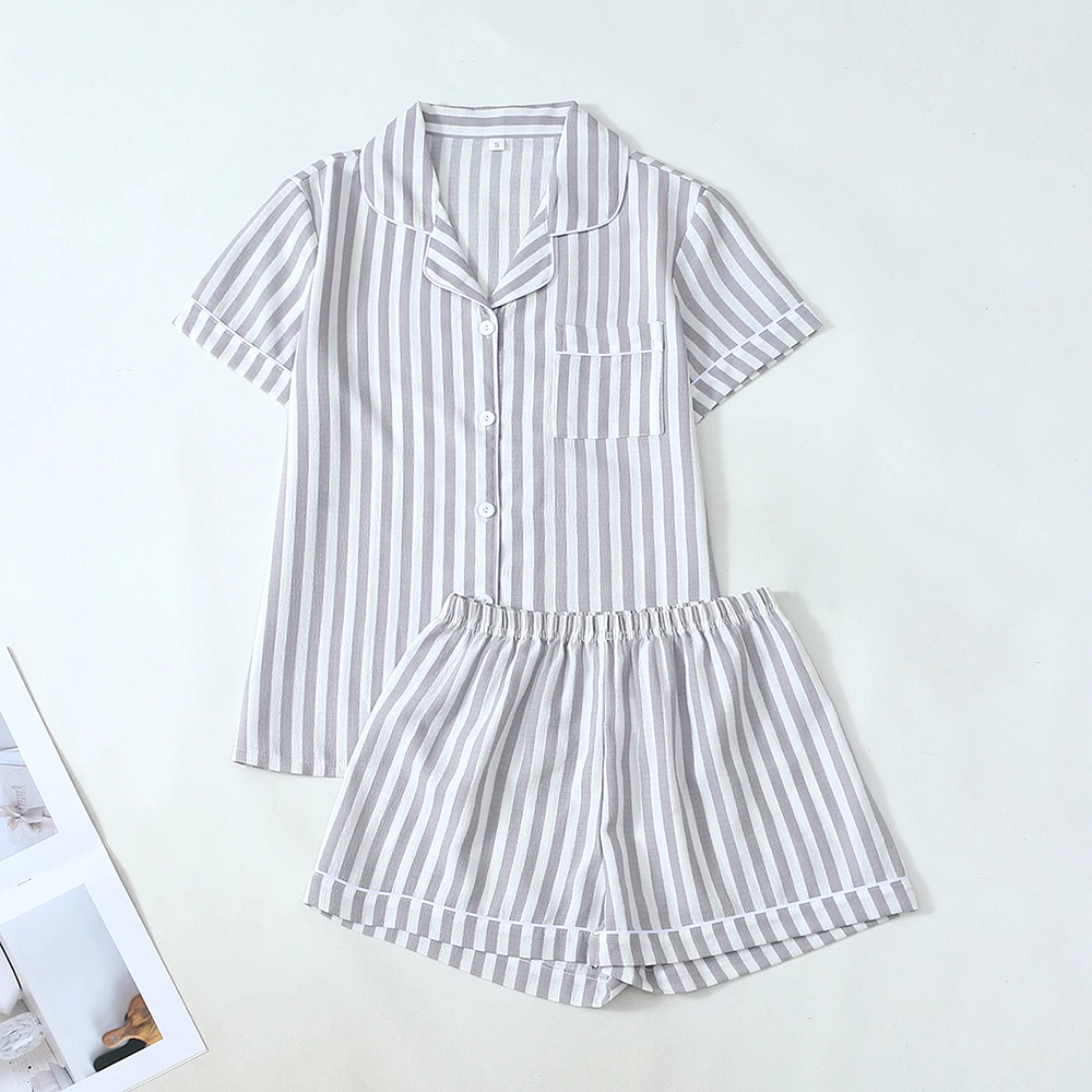 

2 шт., шорты с короткими рукавами и лацканами, пижамный комплект, модная домашняя одежда в полоску с принтом, летняя одежда для дома 2025 года, простая повседневная одежда для сна