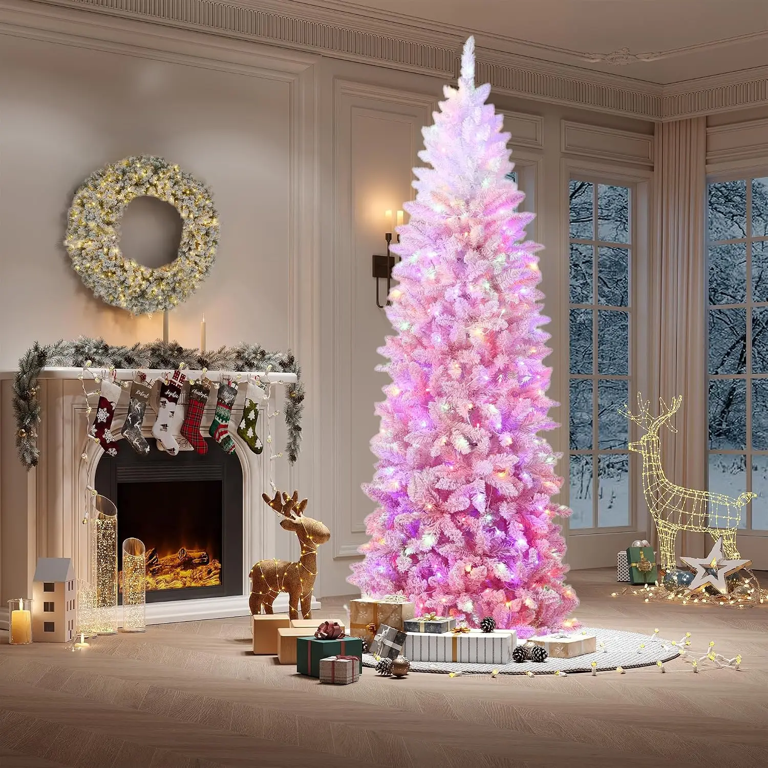 6FT Slim Snow-Flocked Christmas Tree with Pink Gradient Tips – Space-Saving Pencil Tree with Sturdy Metal Stand for Apartments & Corner Displays