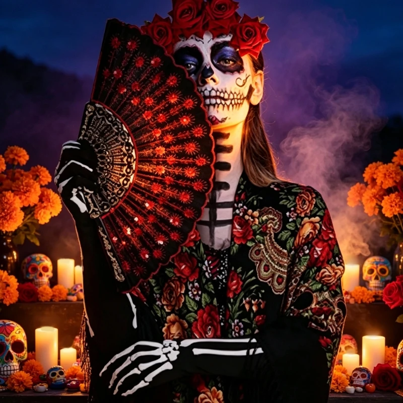DXAE Flower Costume Styling Set with Hand Fan, Scarf, Hair Comb, Gloves and Two Roses for Día Muertos Parties,